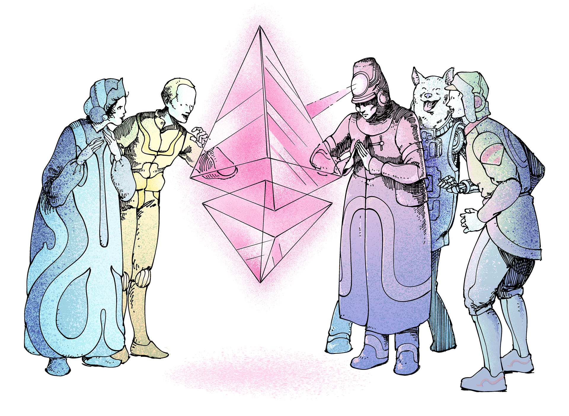 Four futuristic humans and a doge gazing into an Ethereum prism